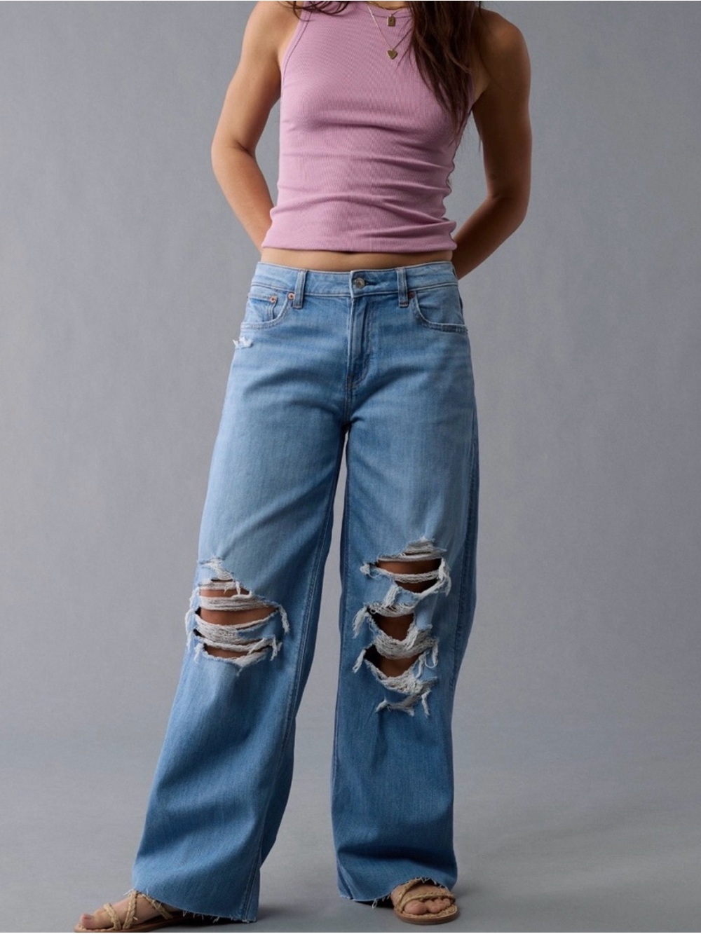 American Eagle Low Rise Baggy Wide Leg Jeans Distressed Knees Size 2 Extra Long - Picture 14 of 14